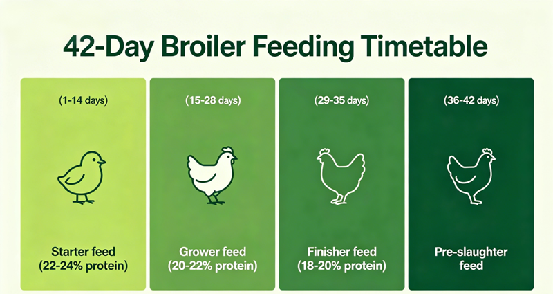 Complete 42-Day Broiler Feeding Timetable | Starter, Grower, Finisher Feed Protein Guide For Fast We