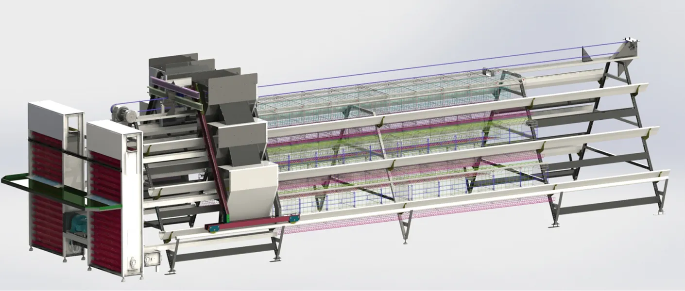 Automatic poultry farming equipment in a modern chicken farm with feeding system, drinking system, multi-tier cage system and smart control panel Automatic poultry farming equipment in a modern chicken farm with feeding system, drinking system, multi-tier cage system and smart control panel