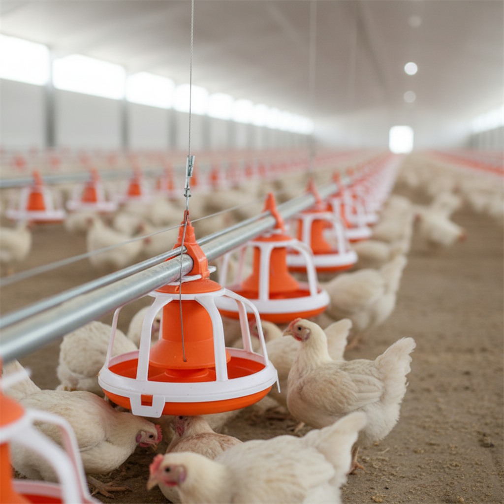 Broiler Floor Raising System Suspended Pan Feeding Nipple Drinking Line Complete Poultry Farmer