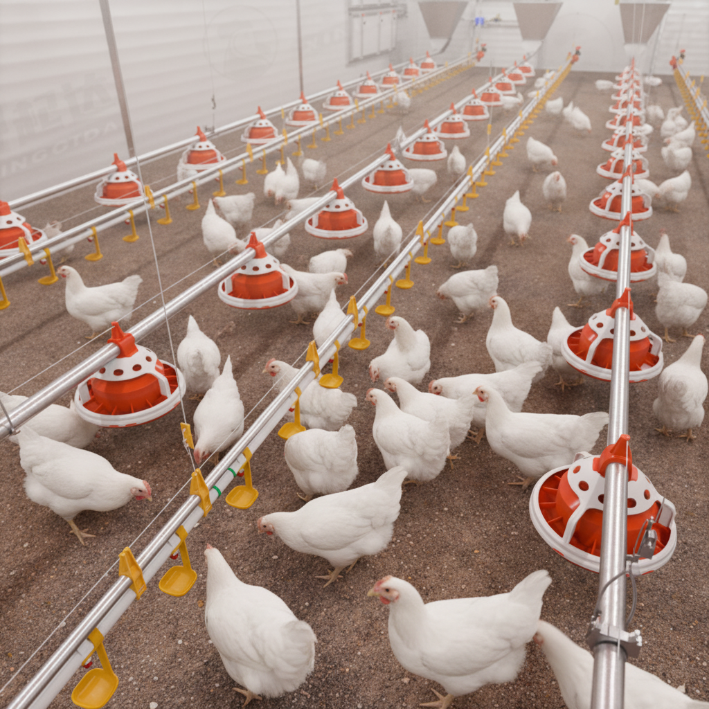 Broiler Floor Raising System Suspended Pan Feeding Nipple Drinking Line Complete Poultry Farmer